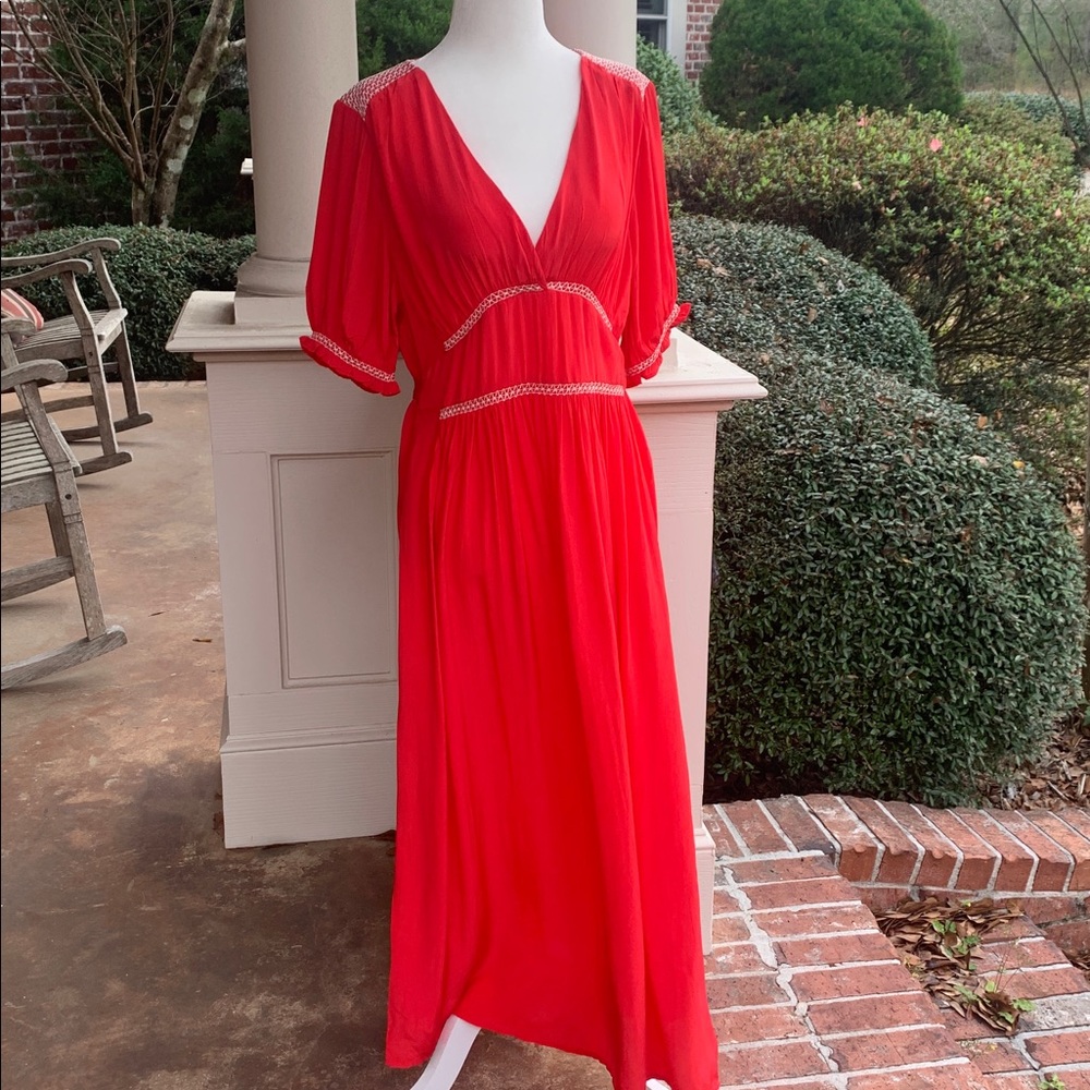 J Crew Smocked Trim Maxi Dress Red Crepe De Chine NWT Sz 6 Tie In Back - Picture 10 of 14